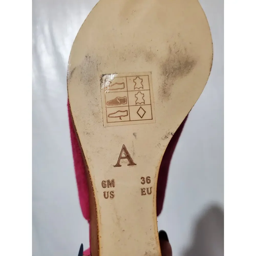 Anthropologie Bow Back Suede Leather Wood Wedge Sandal Size 6M Hot Pink Open Toe
